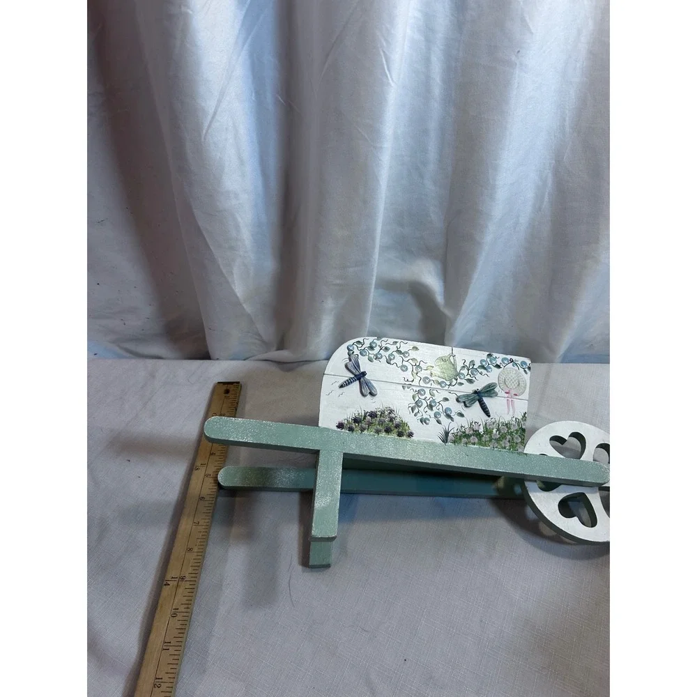 Unbranded Wooden Wheelbarrow Planter 14.5in Green Dragonfly Garden Decor